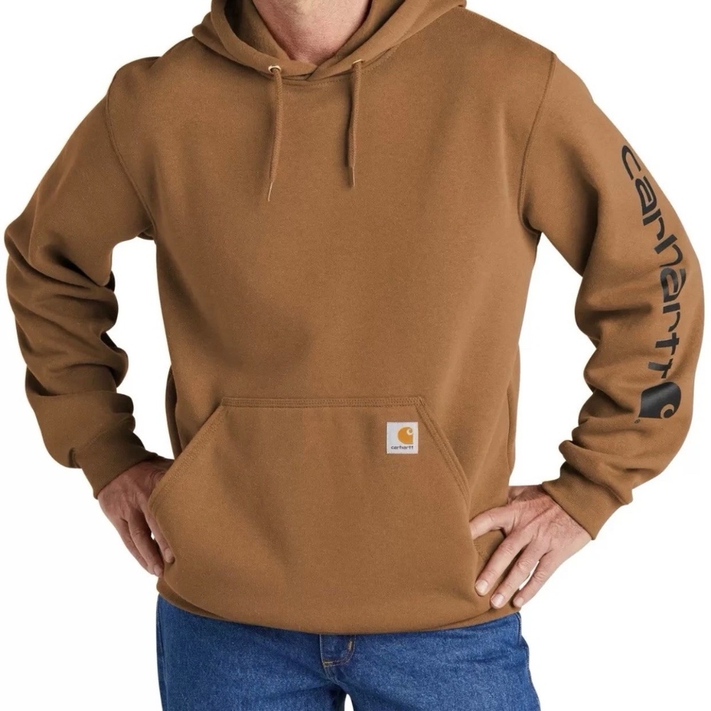 CARHARTT Men’s Midweight Fleece Hoodie – Brown Logo Pullover Sweatshirt